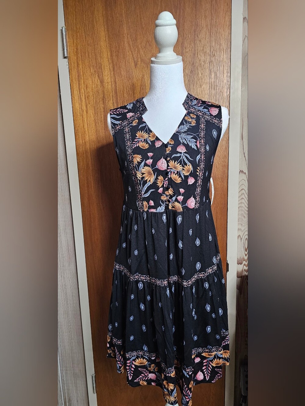 Style & Co. Black Floral Boho  Mid Dress Ruffles NWT Petite SP